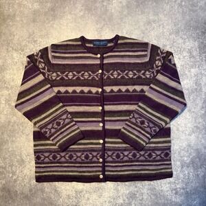 Vintage Karen Scott II Pure Wool Cardigan Sweater Womens 1X Purple Fair Isle‎